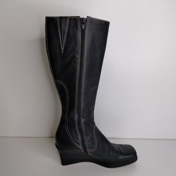 Gianni Bini Black Leather Wedge Boots Size 6 - Picture 7 of 16